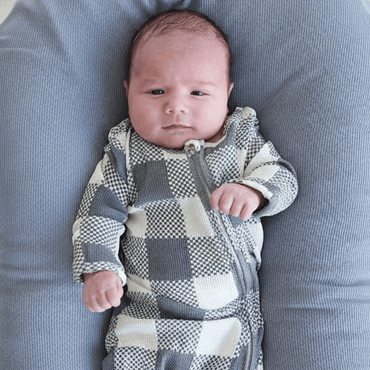 Caden Lane Bamboo Waffle Zipper Footie - Big Check Denim, 0-3 M.