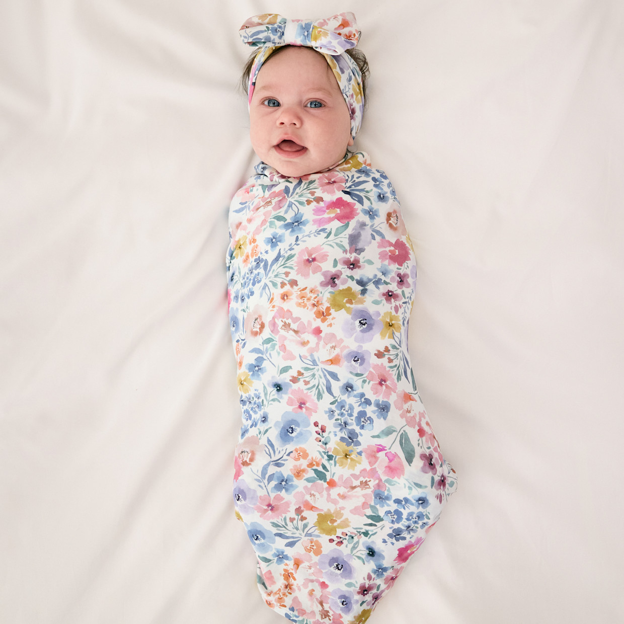 Little Sleepies Swaddle & Luxe Bow Headband Set - Tiny Blooms, One Size.