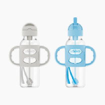 Dr. Brown's Milestones Narrow Sippy Straw Bottle, Spill-Proof with 100% Silicone Handles and Weighted Straw, 8 oz/250 mL, Gray & Blue, 6m+