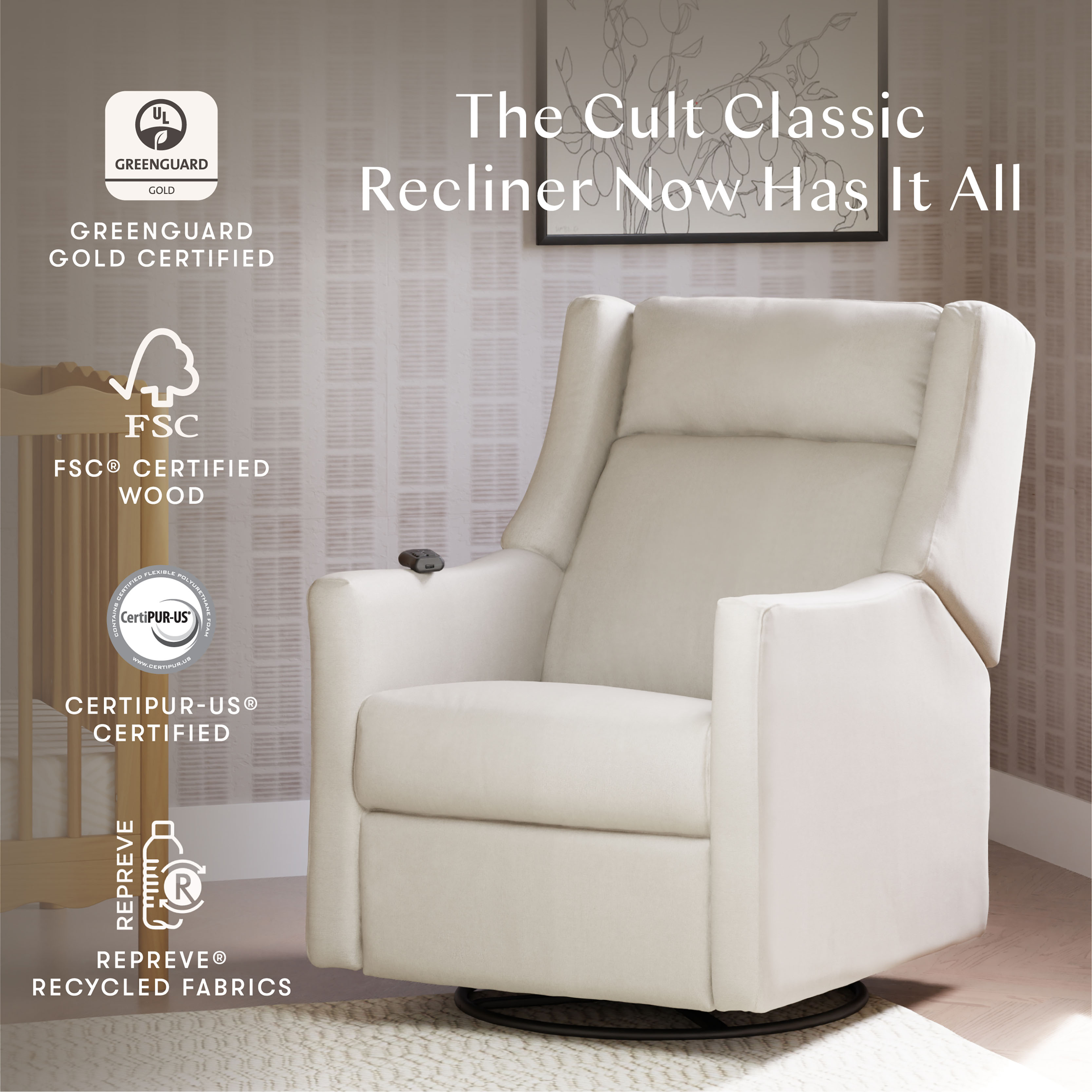 babyletto Kiwi Deluxe Power Recliner and Swivel Glider - Performance Cream Eco-Weave.
