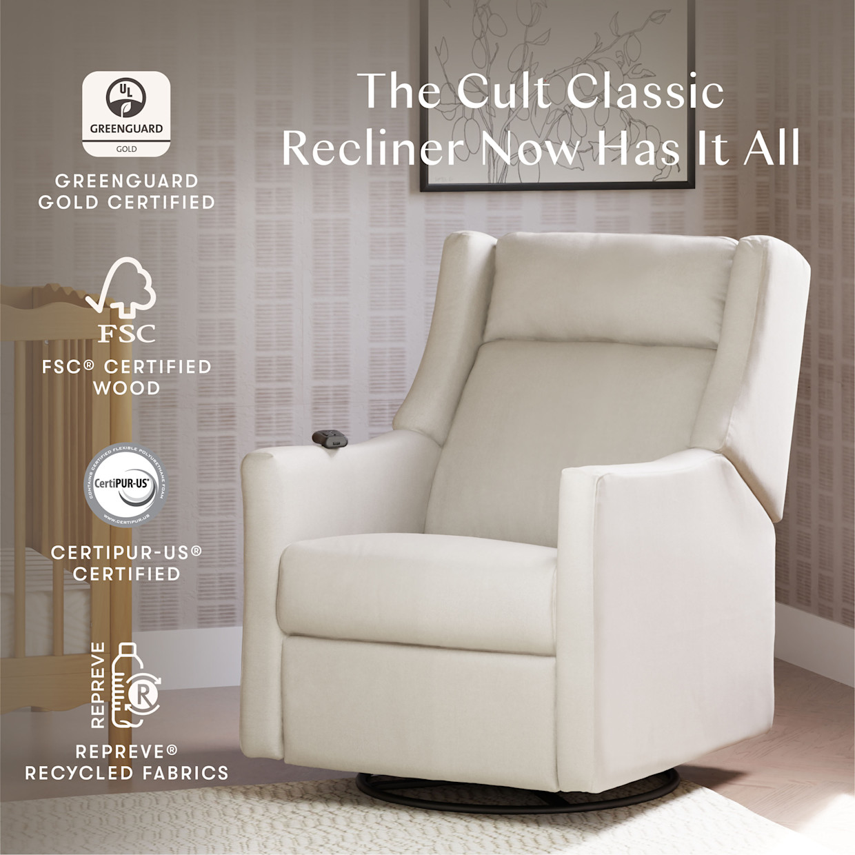 babyletto Kiwi Deluxe Power Recliner and Swivel Glider - Performance Cream Eco-Weave.