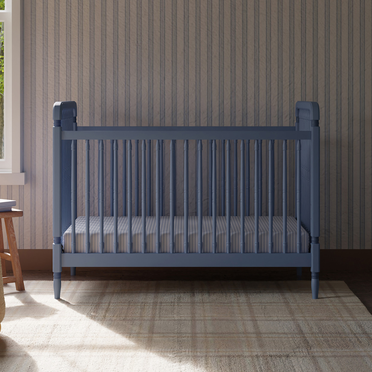 Namesake Liberty 3-in-1 Convertible Spindle Crib with Toddler Bed Conversion Kit - Cove Blue.