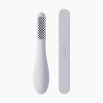 ezpz Baby-Led Toothbrush + Tongue Depressor Dual Pack (Pewter) - 100% Silicone Toothbrush + Silicone/Stainless Steel Tongue Depressor - Helps Set-up Infants for a Healthy Oral Care Routine