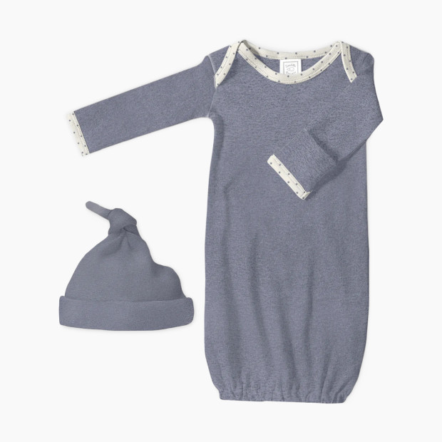 SwaddleDesigns Cotton Knit Long-sleeve Pajama Gown with Mitten Cuffs and Knotted Hat - Heathered Denim, Newborn (0-3 Months).