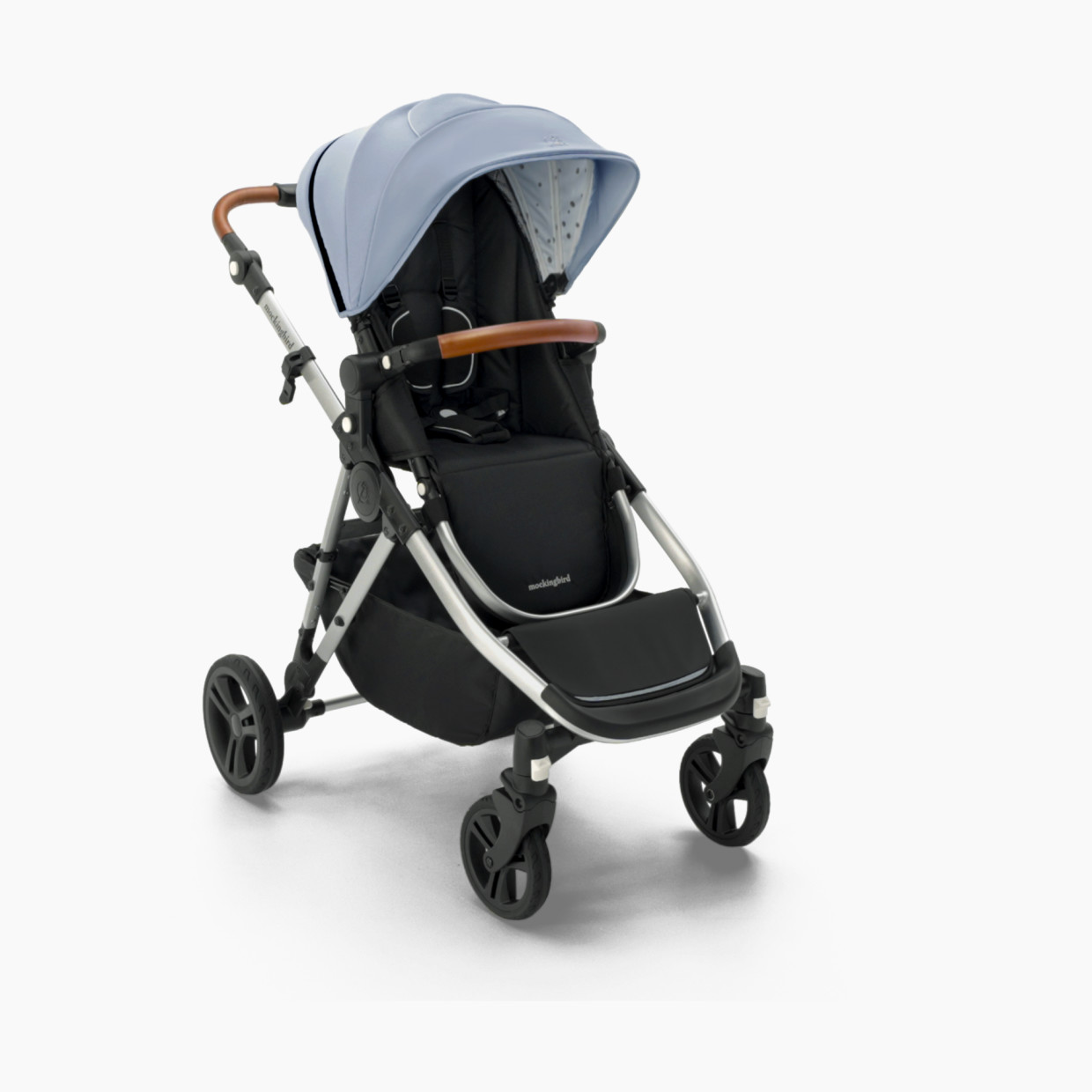 Mockingbird Single-to-Double Stroller 2.0 - Sky/Watercolor Canopy With Penny Leather.