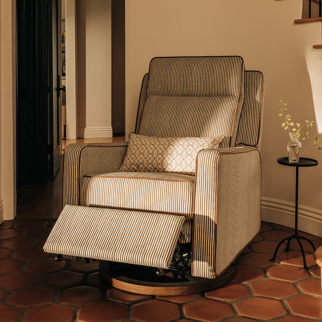babyletto Sigi Pro Power Recliner and Swivel Glider by Nate Berkus - Performance Olive Stripe Eco-Crossweave With Toffee Base.