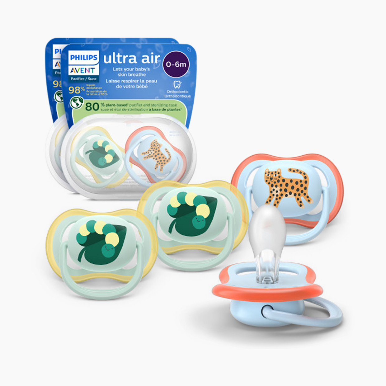 Philips Avent Ultra Air Pacifier 0-6M (4 Pack) - Caterpillar / Leopard, 0-6M.