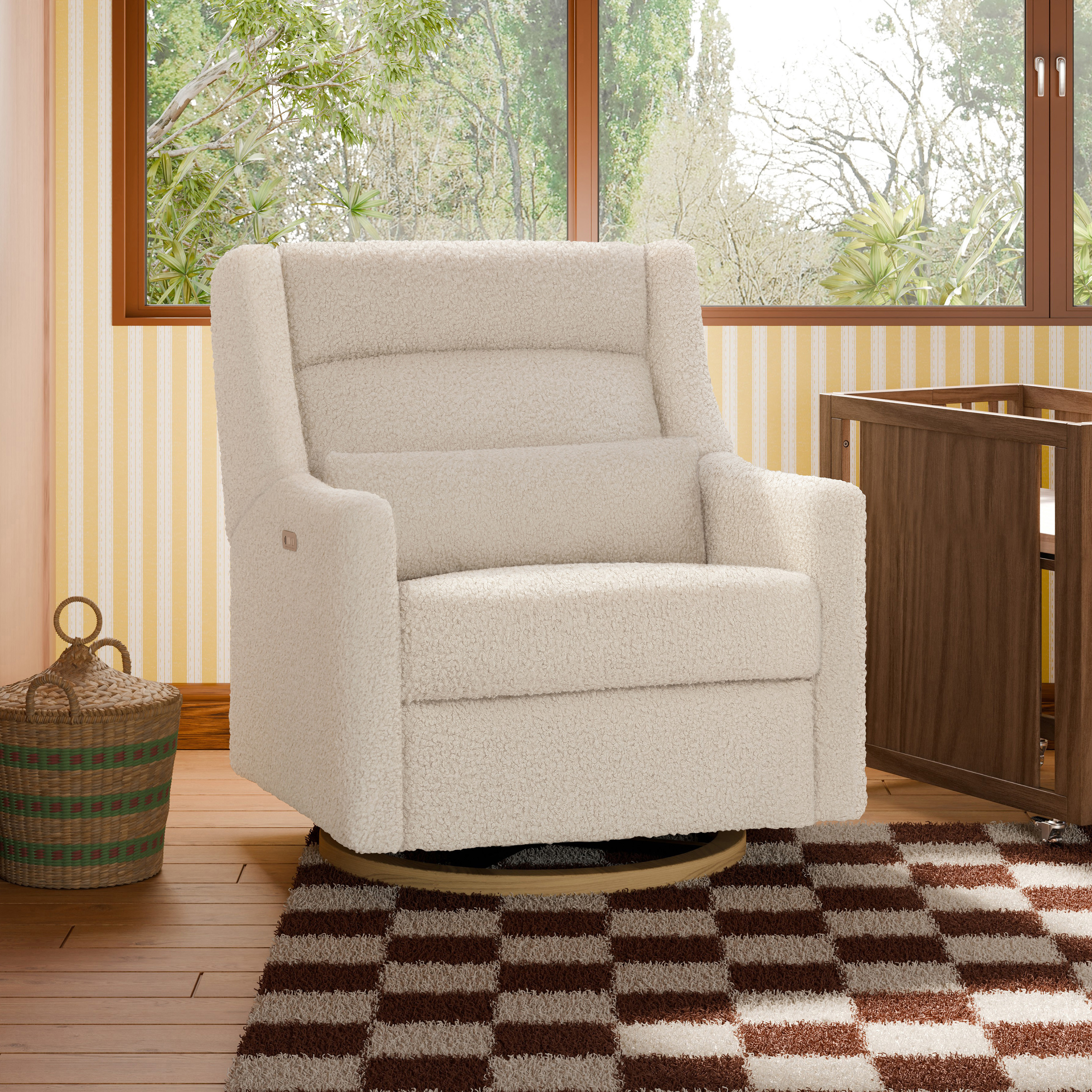 babyletto Kiwi Plus Chair and a Half Power Recliner and Swivel Glider - Almond Teddy Loop With Light Wood Base.