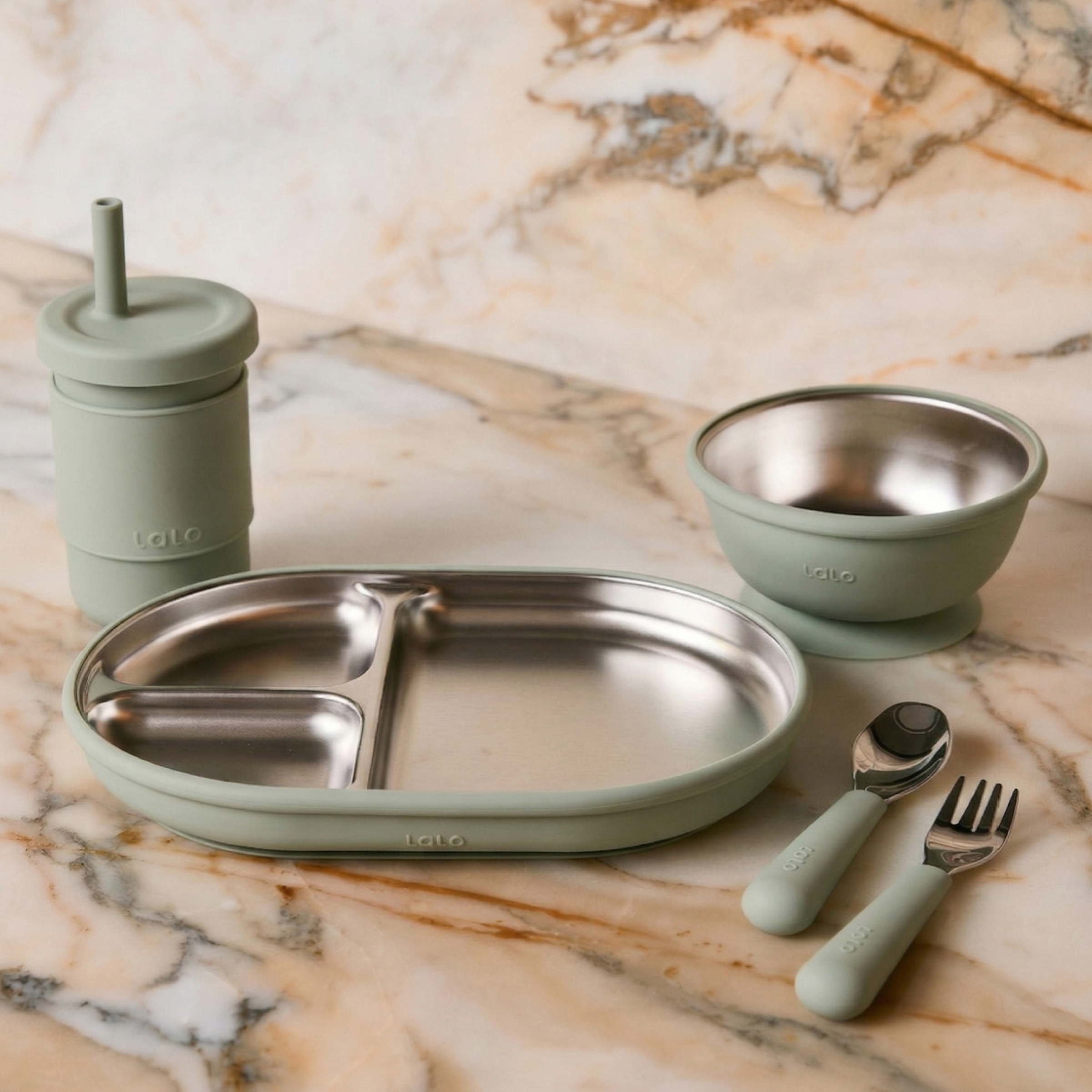 Lalo Stainless Mealtime Essentials - 5pc Set - Sage.