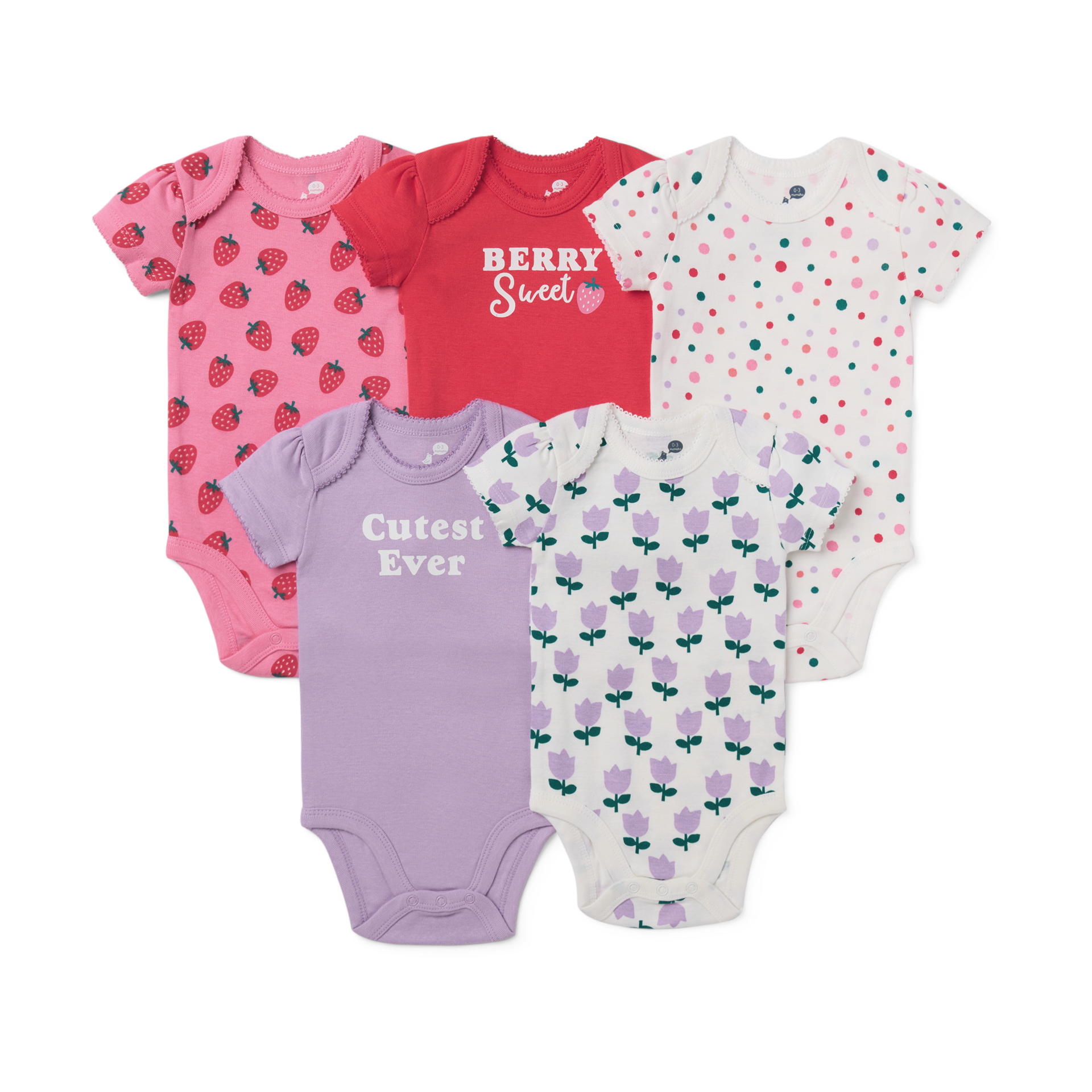 Small Story Organic Cotton Short Sleeve Print Mix Bodysuit (5 Pack) - Berry Sweet, 0-3 M.