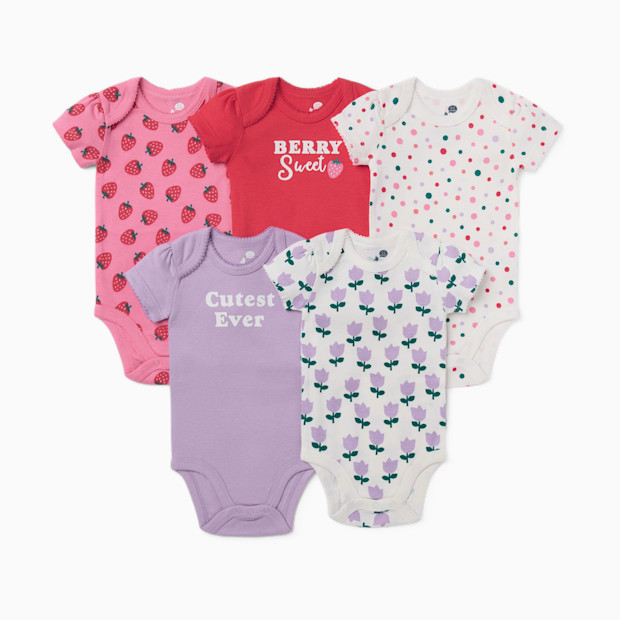 Small Story Organic Cotton Short Sleeve Print Mix Bodysuit (5 Pack) - Berry Sweet, 0-3 M.
