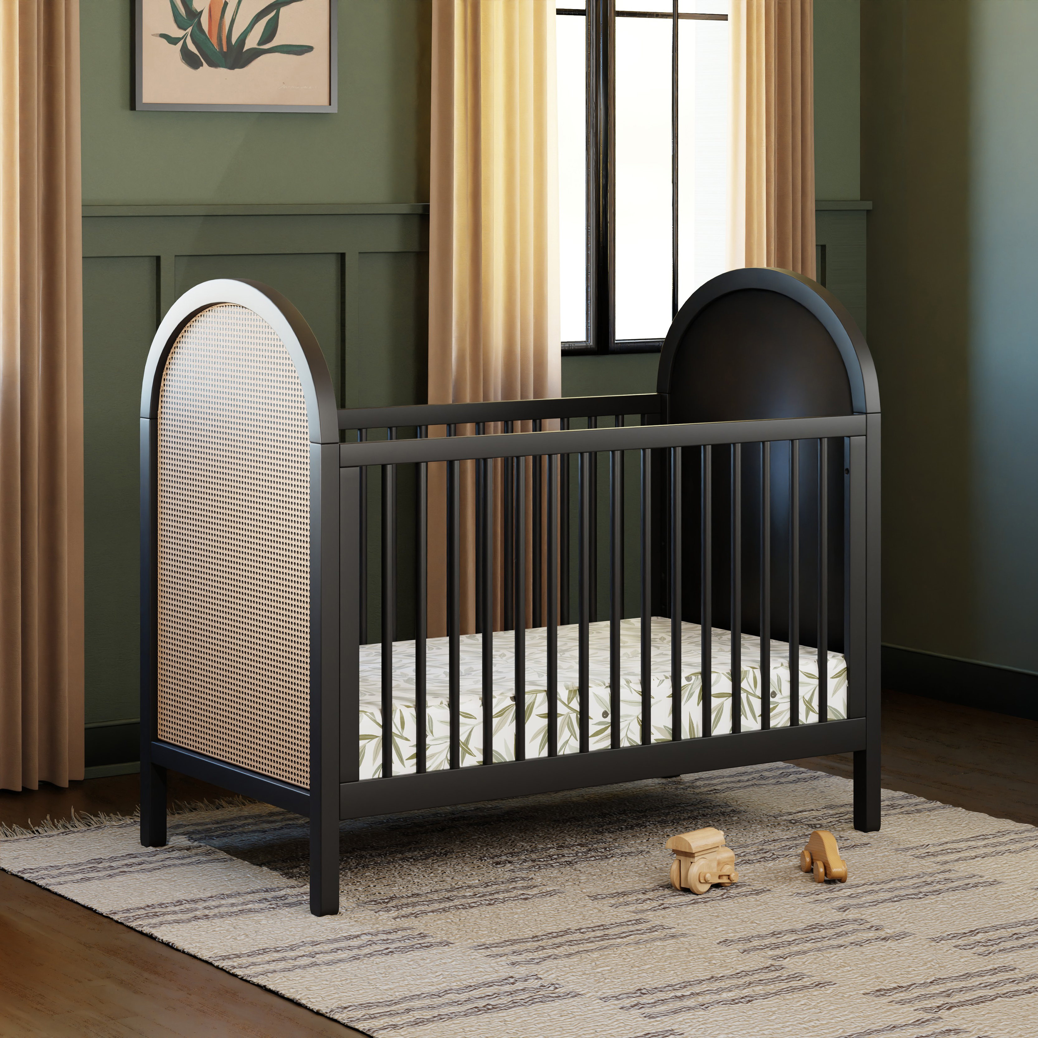 babyletto Bondi 3-in-1 Convertible Crib with Toddler Bed Conversion Kit - Black With Natural Cane.