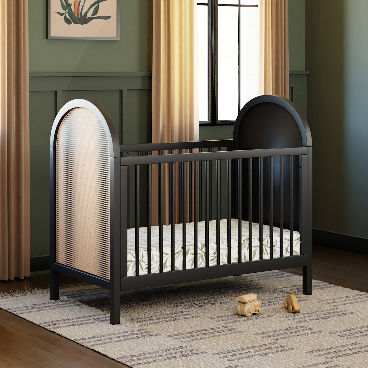 babyletto Bondi 3-in-1 Convertible Crib with Toddler Bed Conversion Kit - Black With Natural Cane.