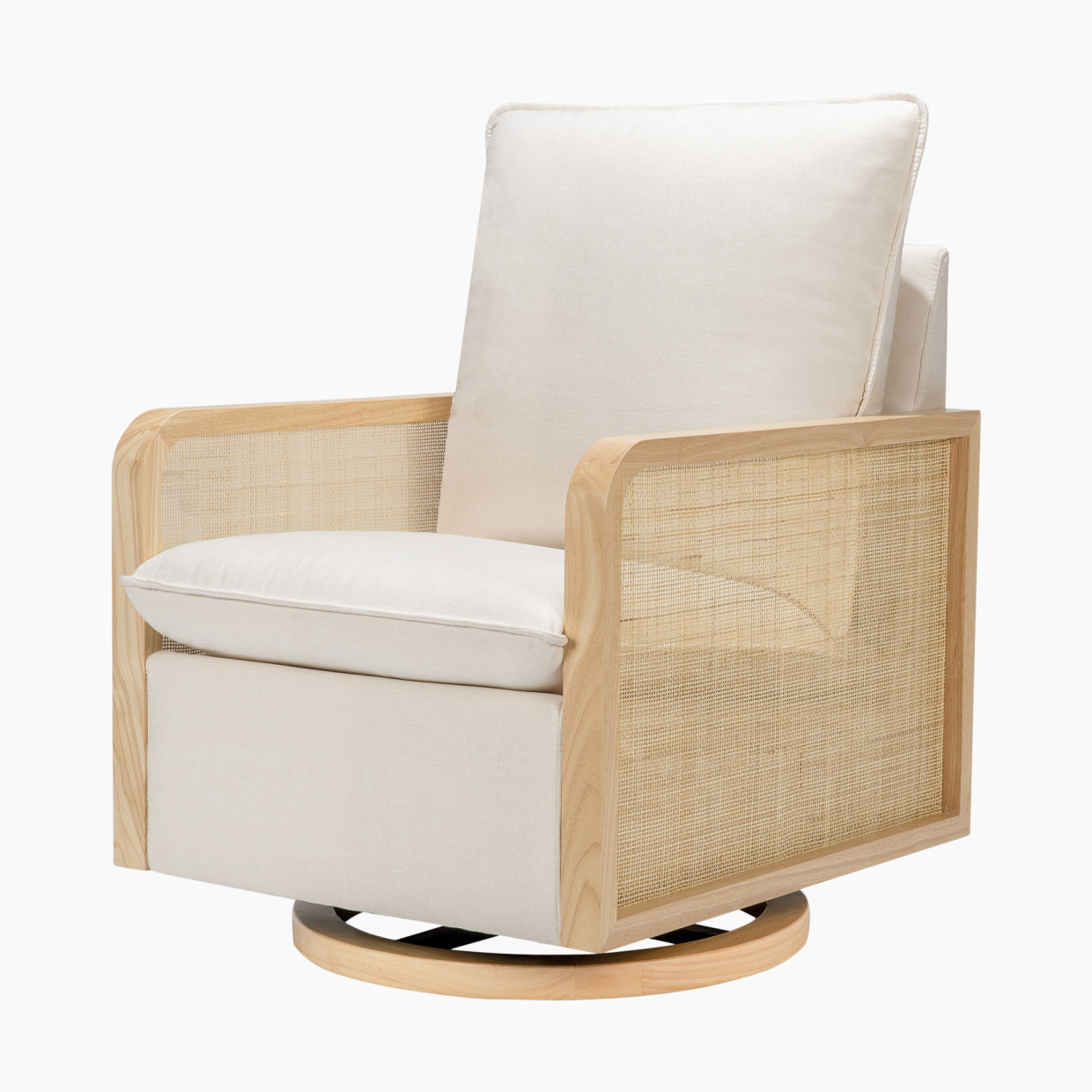 babyletto Sumba Swivel Glider with Cane - Performance Cream Eco-Weave With Light Wood Base.