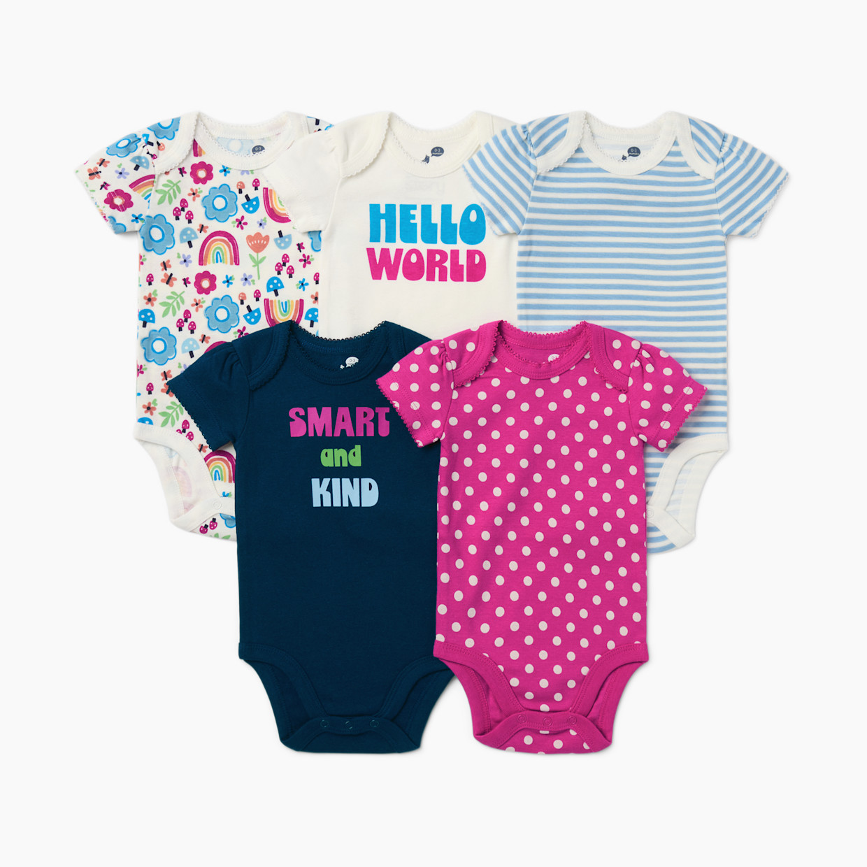 Small Story 5-Pack Short Sleeve Bodysuits Printed - Flower Power, 3-6 M.