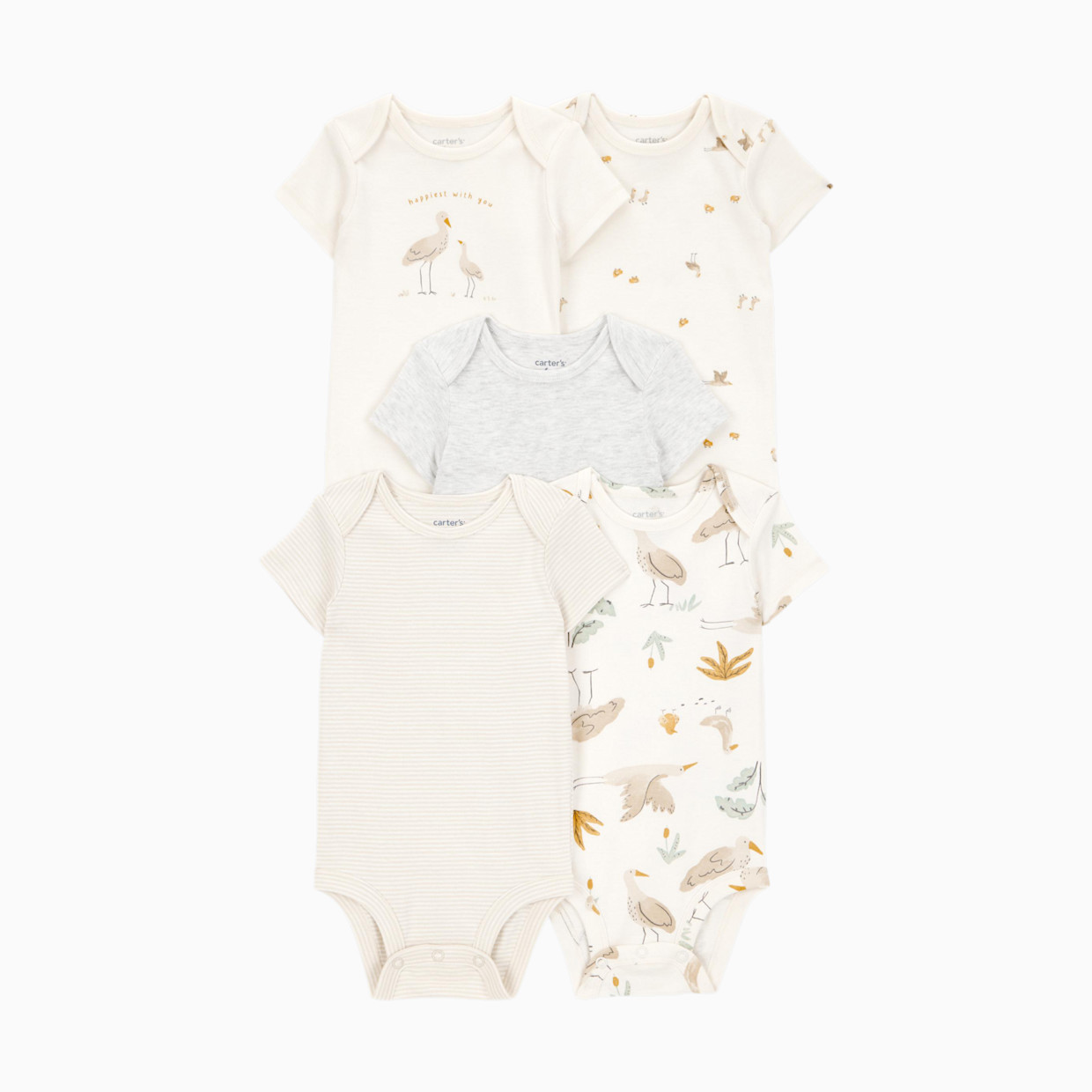 Carter's 5-Pack Short-Sleeve Cotton Bodysuits - Striped Birds, 3-6 M.