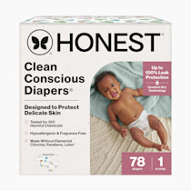 The Honest Company Clean Conscious Diapers for Sensitive Skin | Up to 100% Leakproof | Hypoallergenic, Fragrance Free | Gender Neutral | Club Box, Size 1 (8-14 lbs), 78 Count (Prints May Vary)