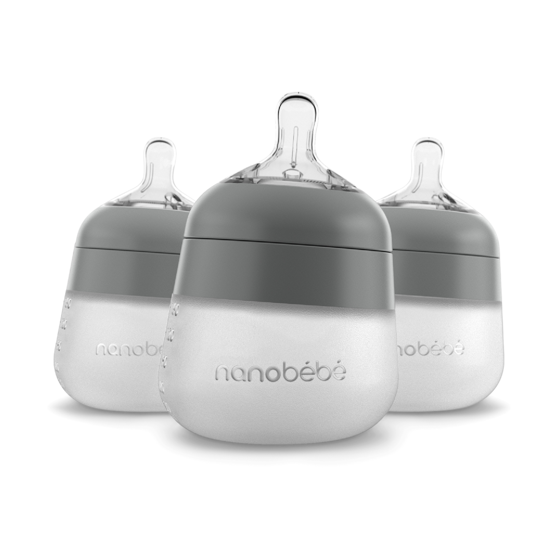 Nanobebe Flexy Silicone Baby Bottle, Anti-Colic, Natural Feel, Non-Collapsing Nipple, Non-Tip Stable Base, Easy to Clean 3-Pack, Gray, 5 oz