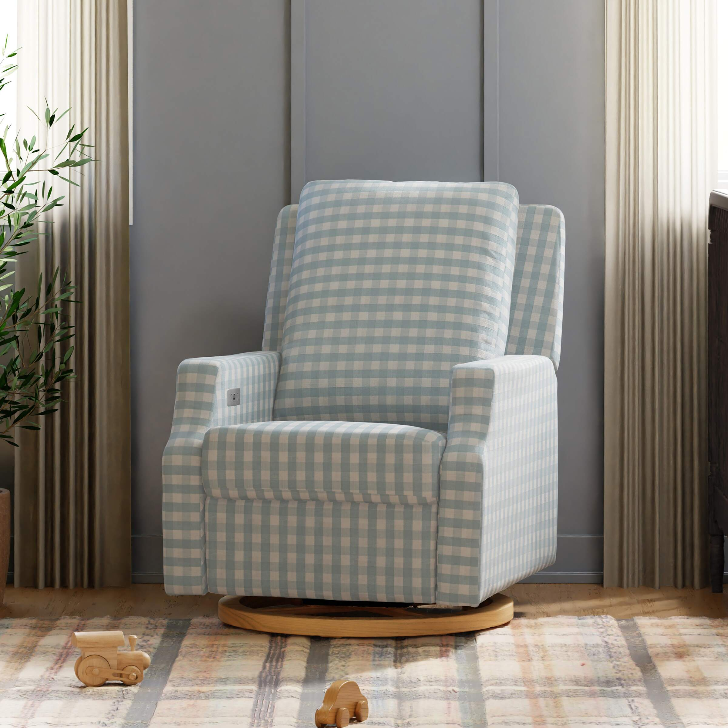Namesake Crewe Electronic Recliner and Swivel Glider - Blue Gingham With Light Wood Base.