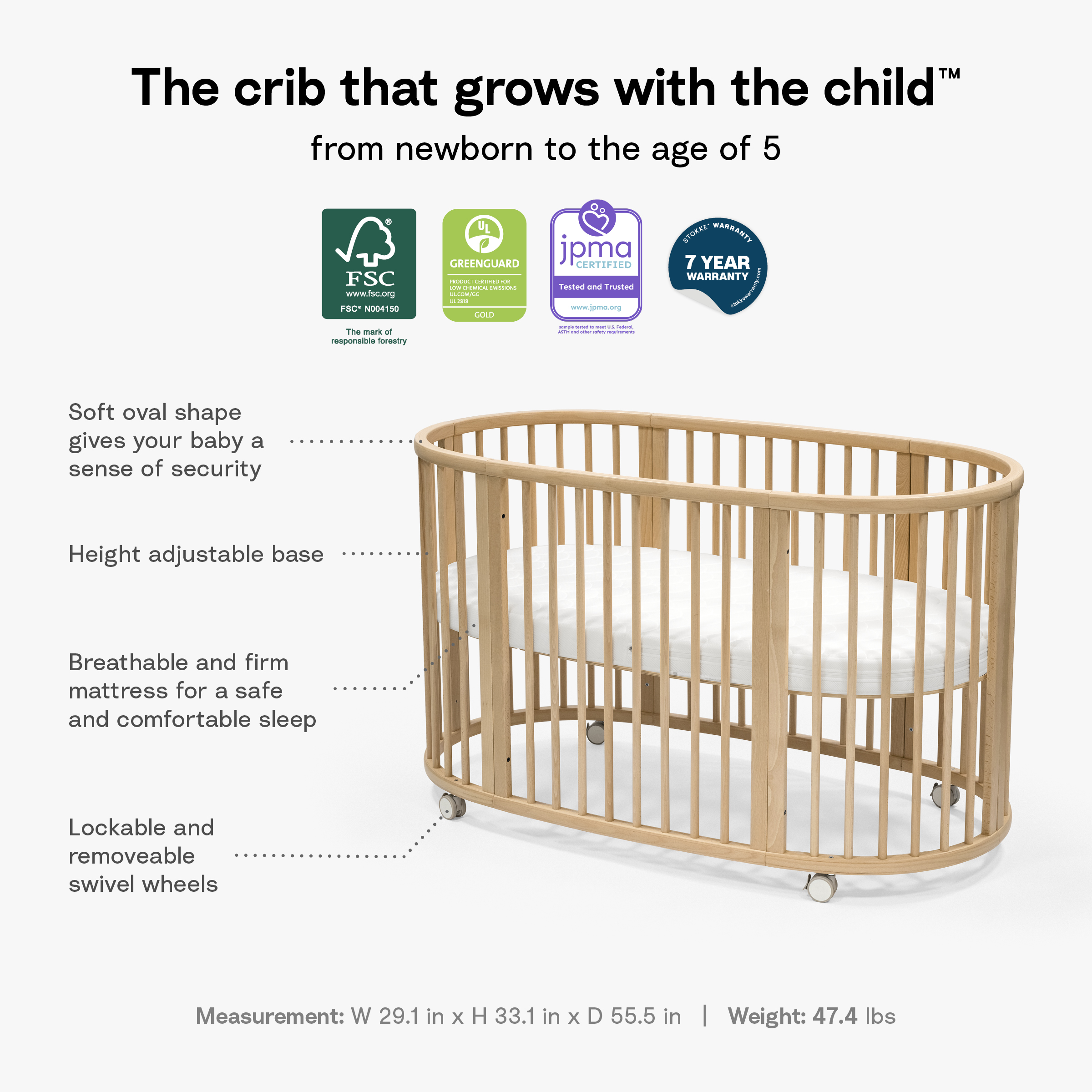 Stokke Sleepi3-in-1 Convertible Crib with Mattresses and Extension Kit.