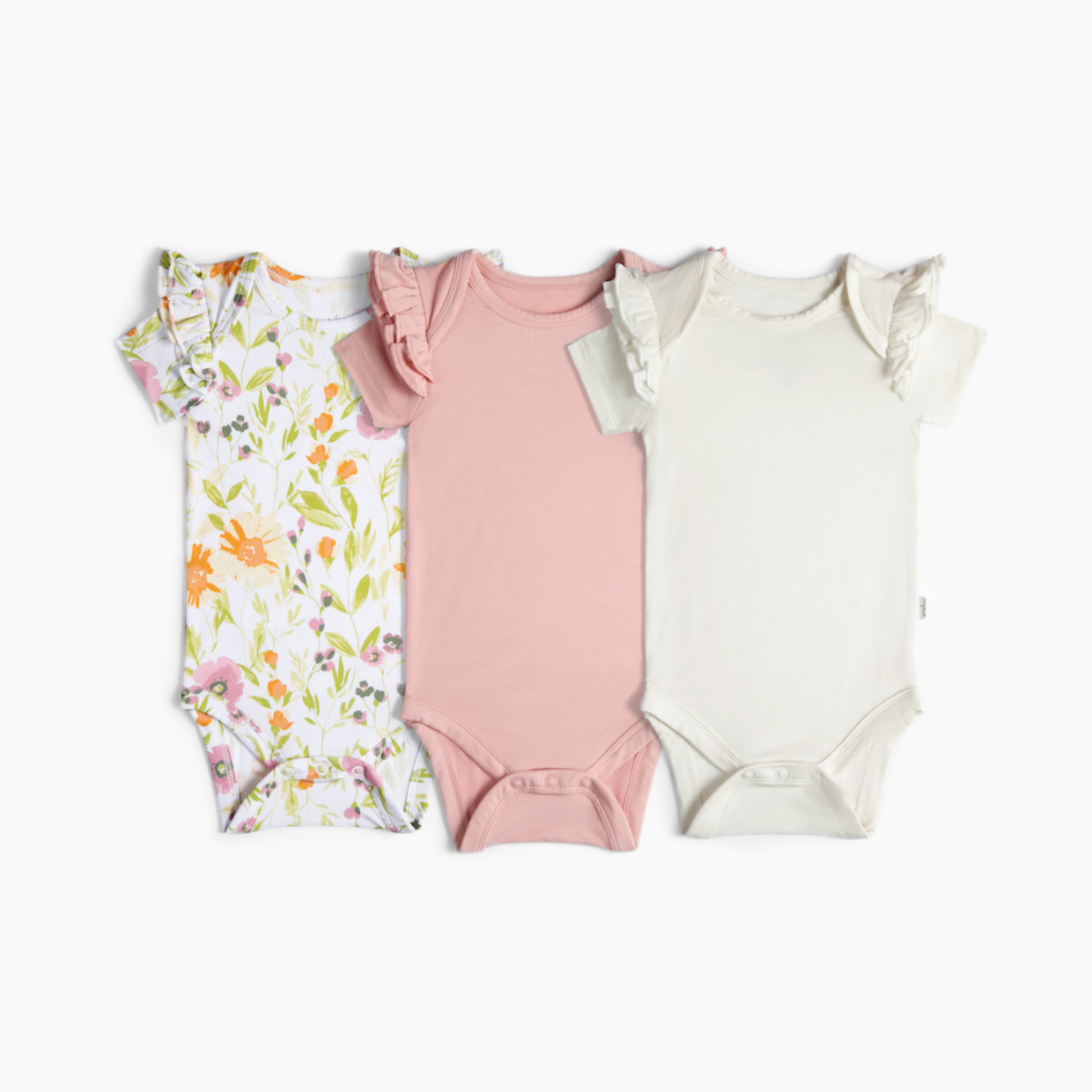 Tiny Kind Bamboo Viscose Ruffle Bodysuit (3 Pack) - Wild Flower, Pink, Ivory, Nb.