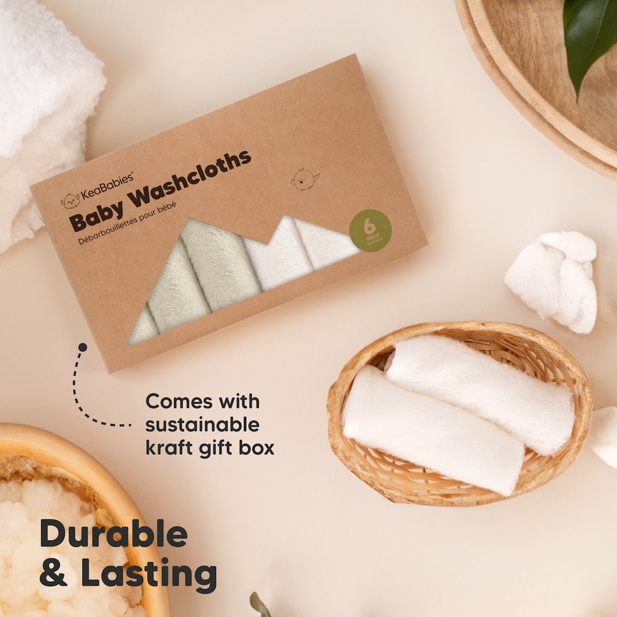 KeaBabies Deluxe Baby Bamboo Viscose Washcloths (6 Pack) - White/Stone, 6.