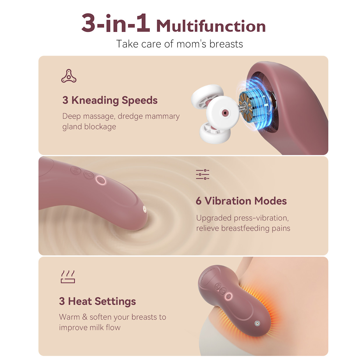 Momcozy 3-in-1 Kneading Lactation Massager - Pink.