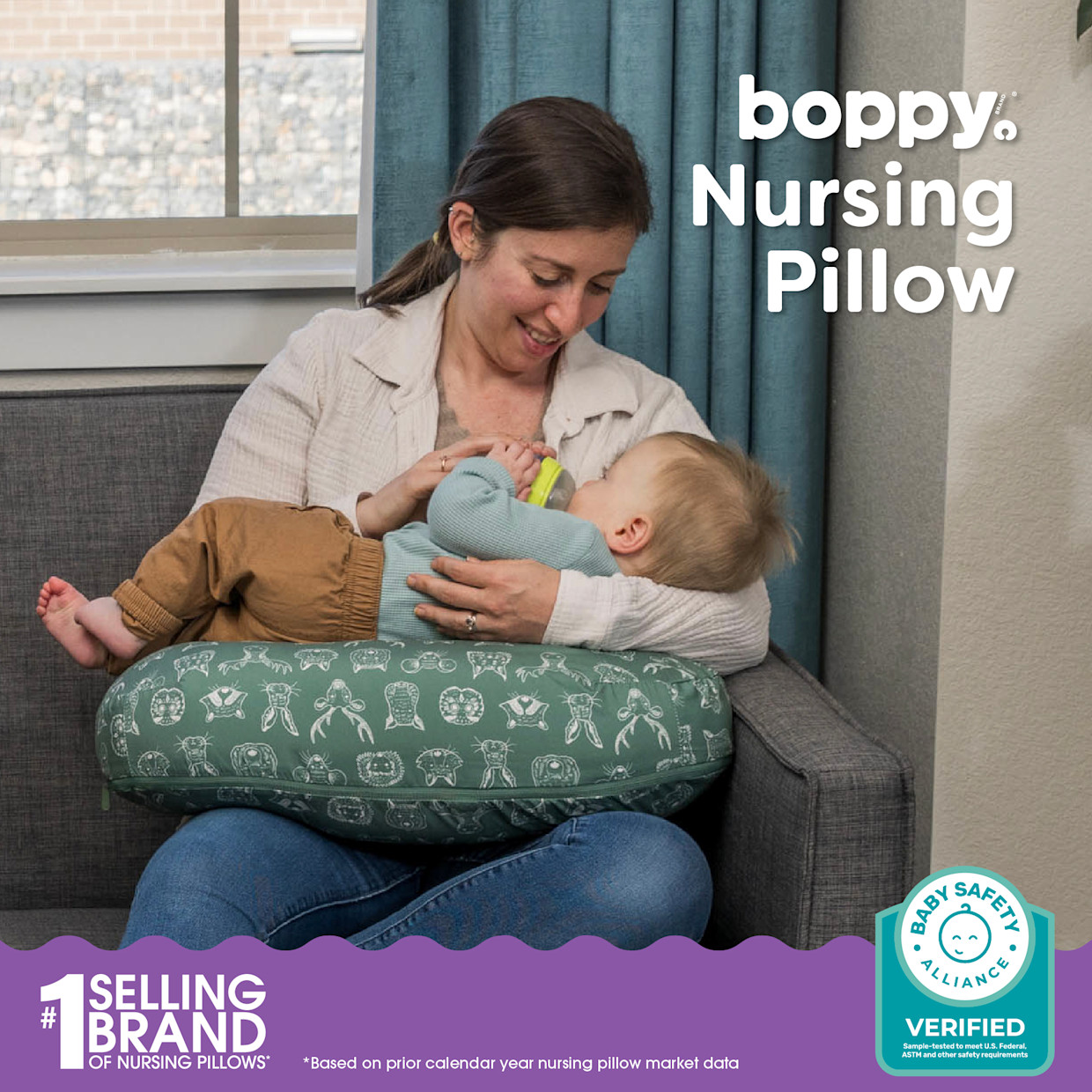 Boppy Nursing Pillow - Green Animal Sketches.