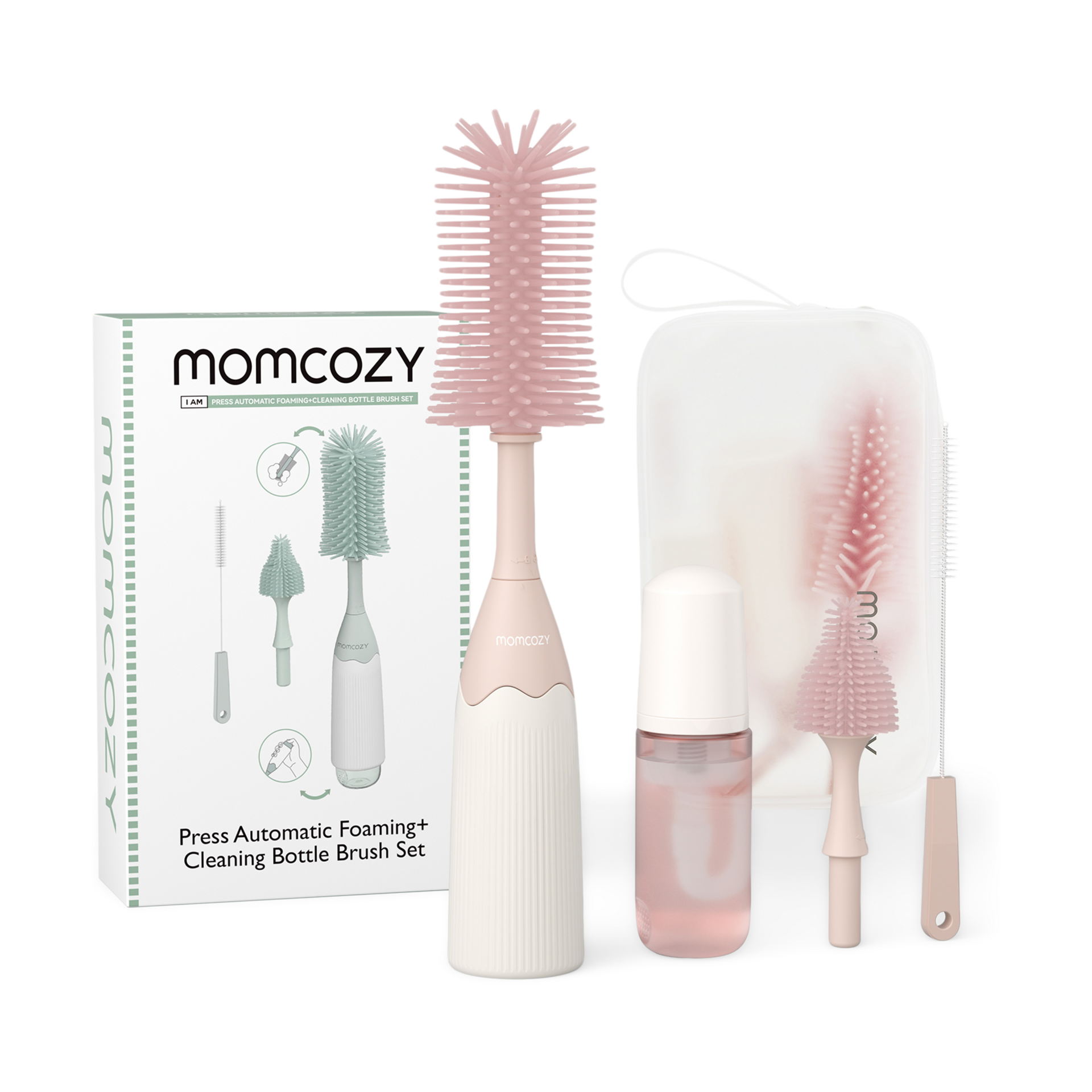 Momcozy Bottle Brush Kit, Innovative Push-Press Design for Better Cleaning - Baby Bottle Cleaner Brush for Baby Bottle, Breast Pumps, Nipples, and More - Can Generate Foam for Better Cleaning, Pink