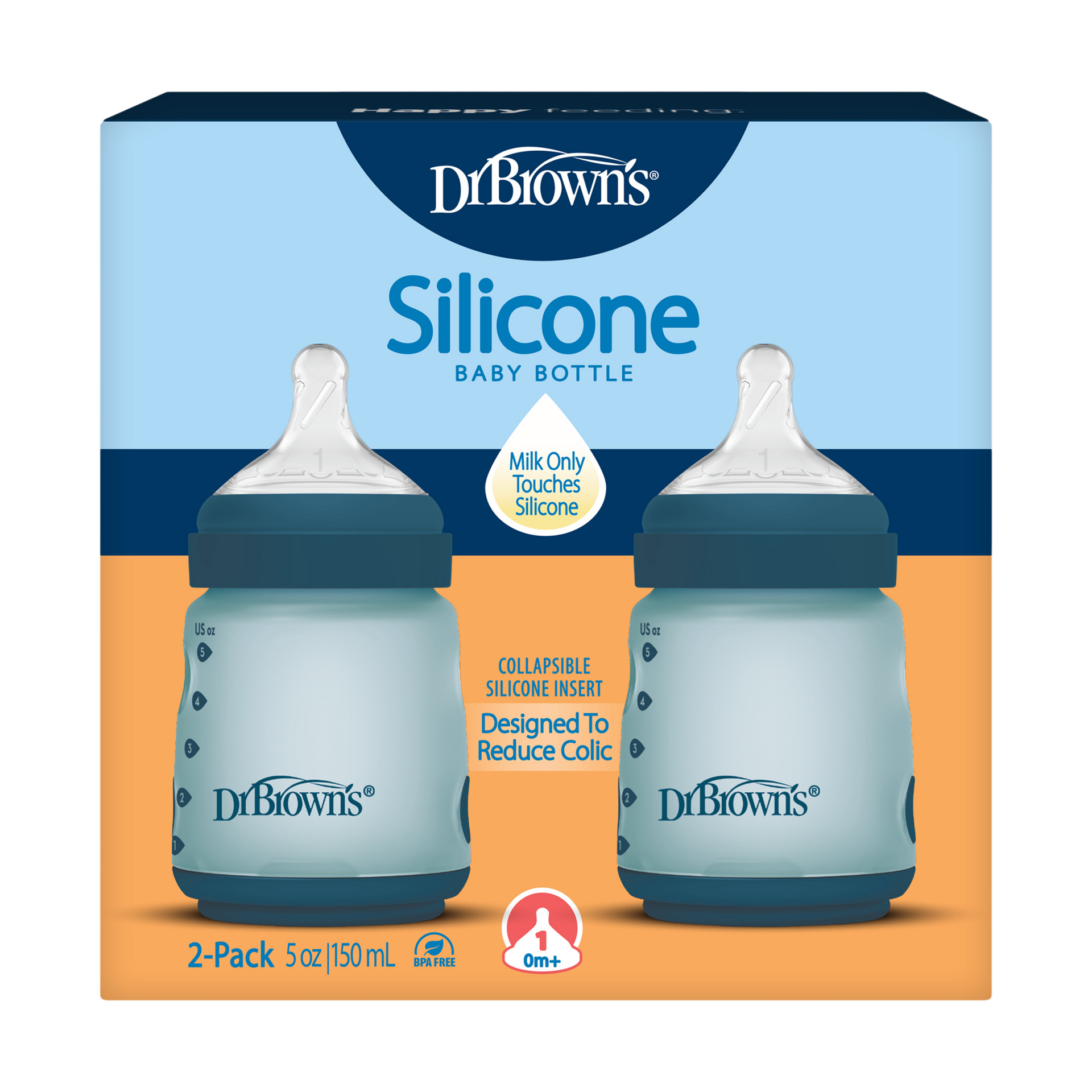 Dr. Brown's Options+ Wide-Neck Silicone Baby Bottles - Blue, 5 Oz.