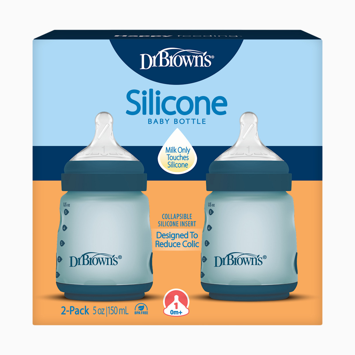 Dr. Brown's Options+ Wide-Neck Silicone Baby Bottles - Blue, 5 Oz.