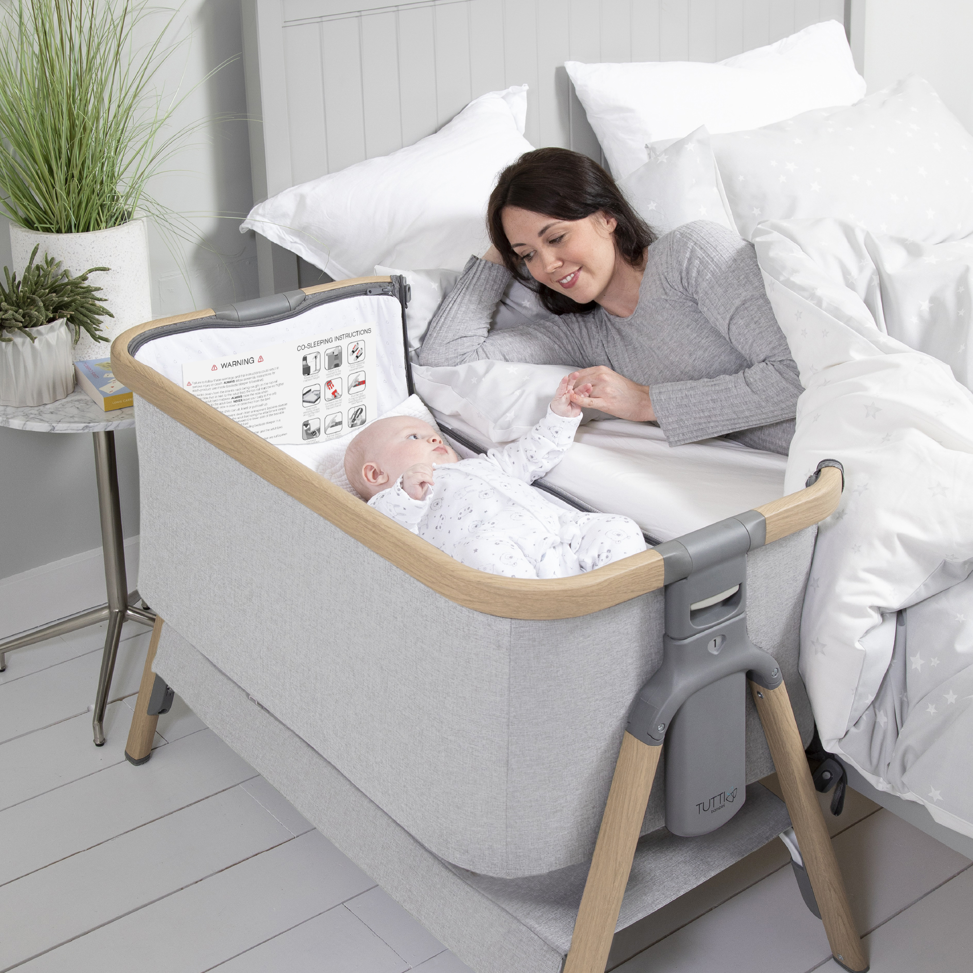 Tutti Bambini CoZee Bedside Crib - Oak/Sterling Silver.