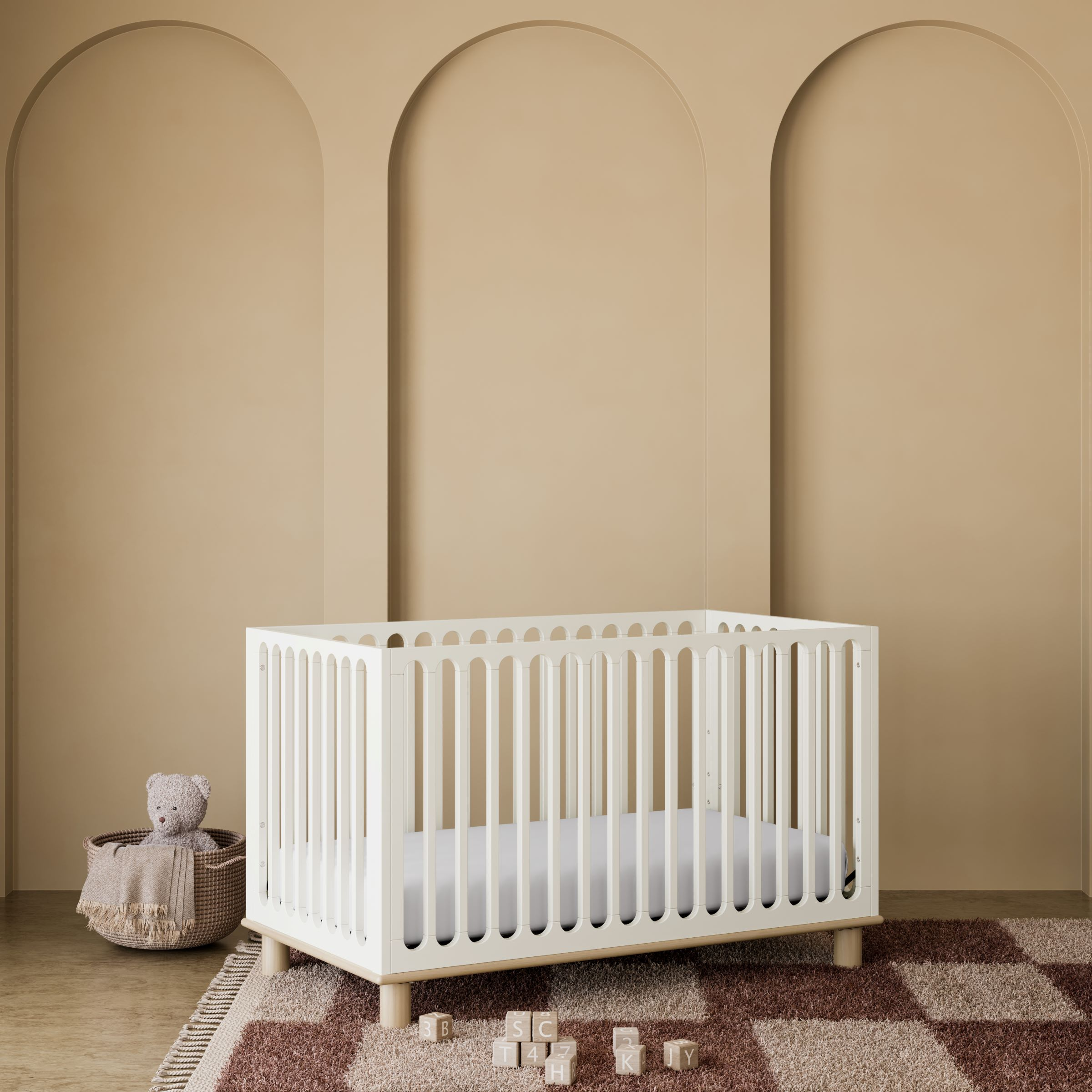 Storkcraft Sicily Deluxe 3-in-1 Convertible Crib - Frosted Oat With Driftwood.