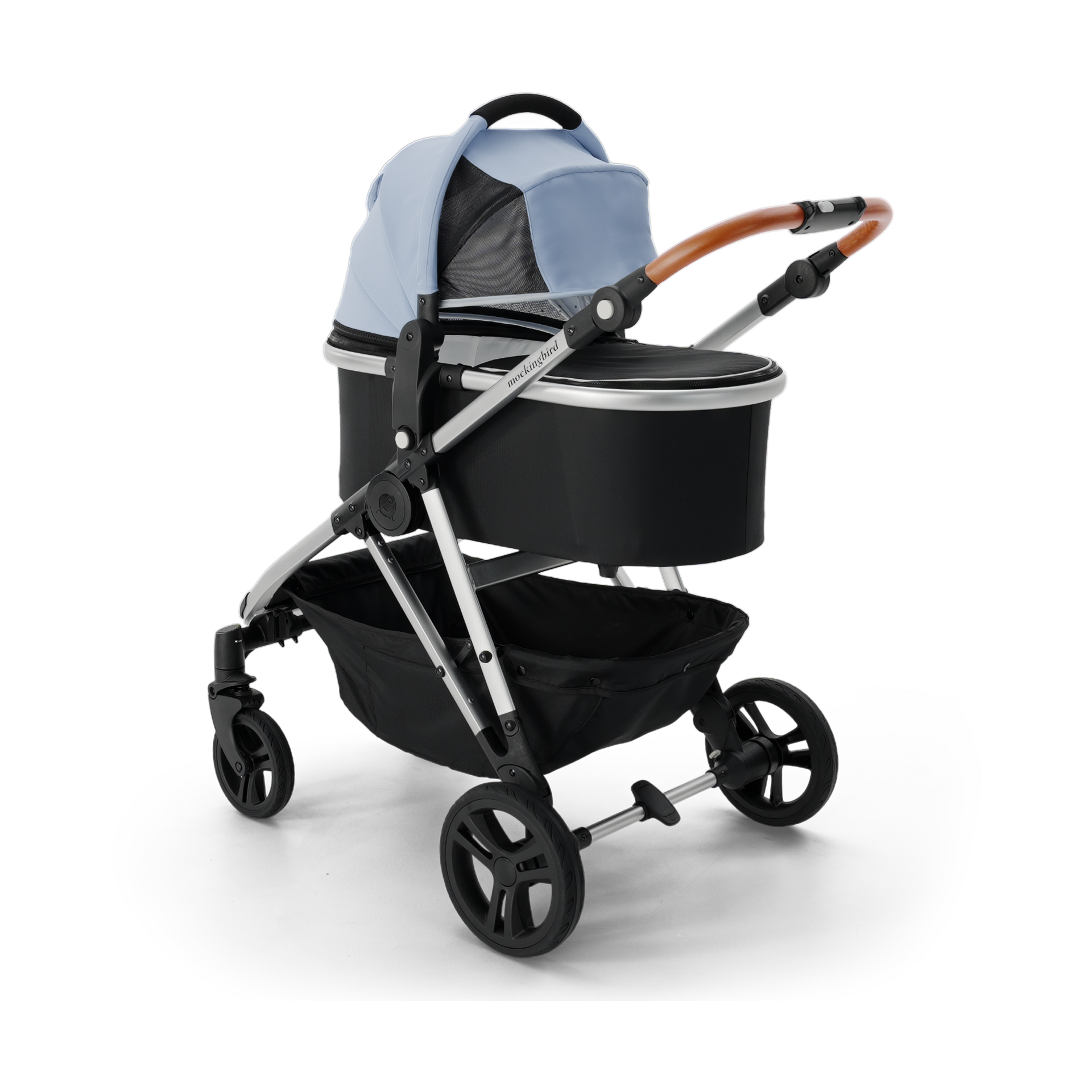 Mockingbird Single-to-Double Stroller 2.0 and Bassinet Bundle - Sky/Watercolor Canopy With Penny Leather.