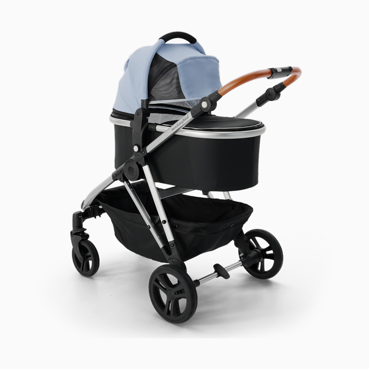 Mockingbird Single-to-Double Stroller 2.0 and Bassinet Bundle - Sky/Watercolor Canopy With Penny Leather.