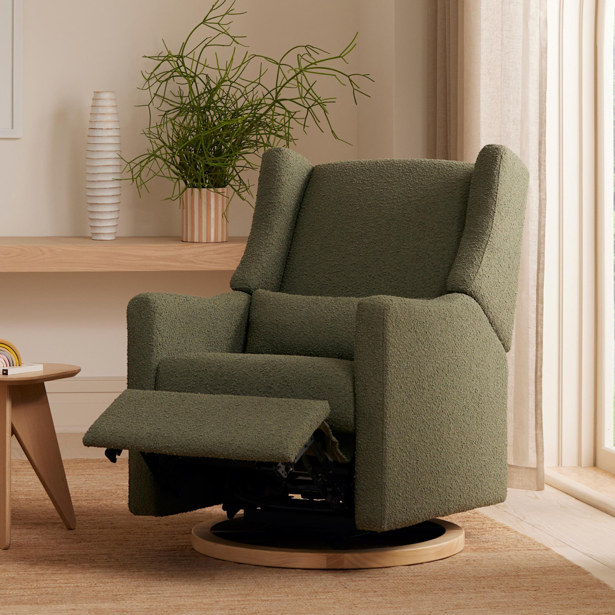 babyletto Kiwi Electronic Recliner and Swivel Glider - Olive Boucle With Light Base.