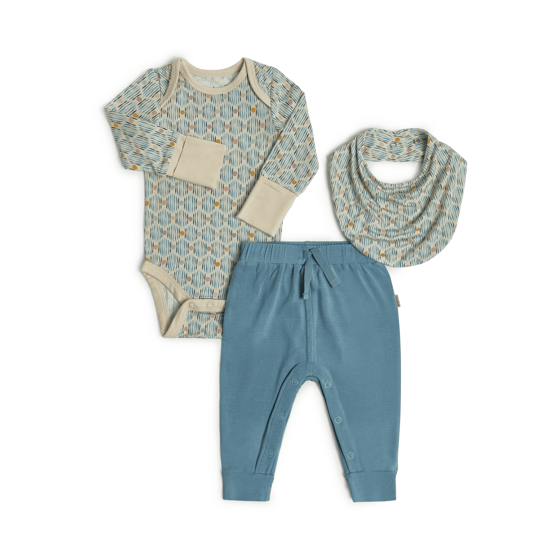 Tiny Kind Bamboo Viscose 3-Piece Outfit Set-Long Sleeve Bodysuit, Pants & Bib - Multi Print, 0-3 M.