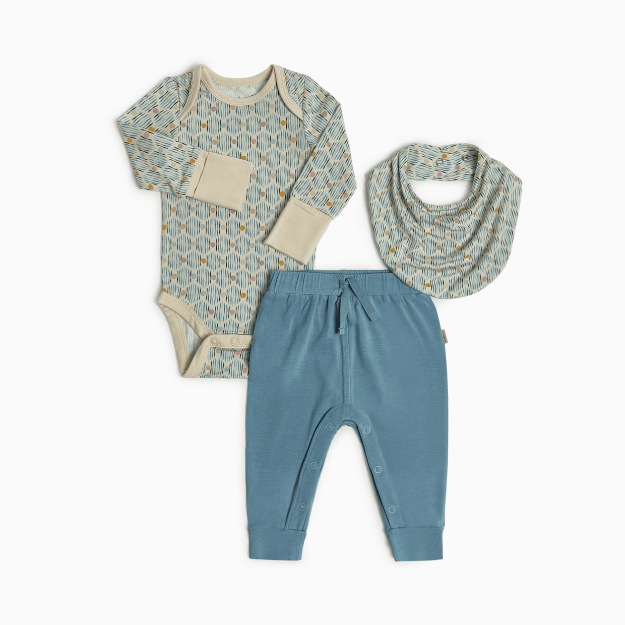 Tiny Kind Bamboo Viscose 3-Piece Outfit Set-Long Sleeve Bodysuit, Pants & Bib - Multi Print, 3-6 M.