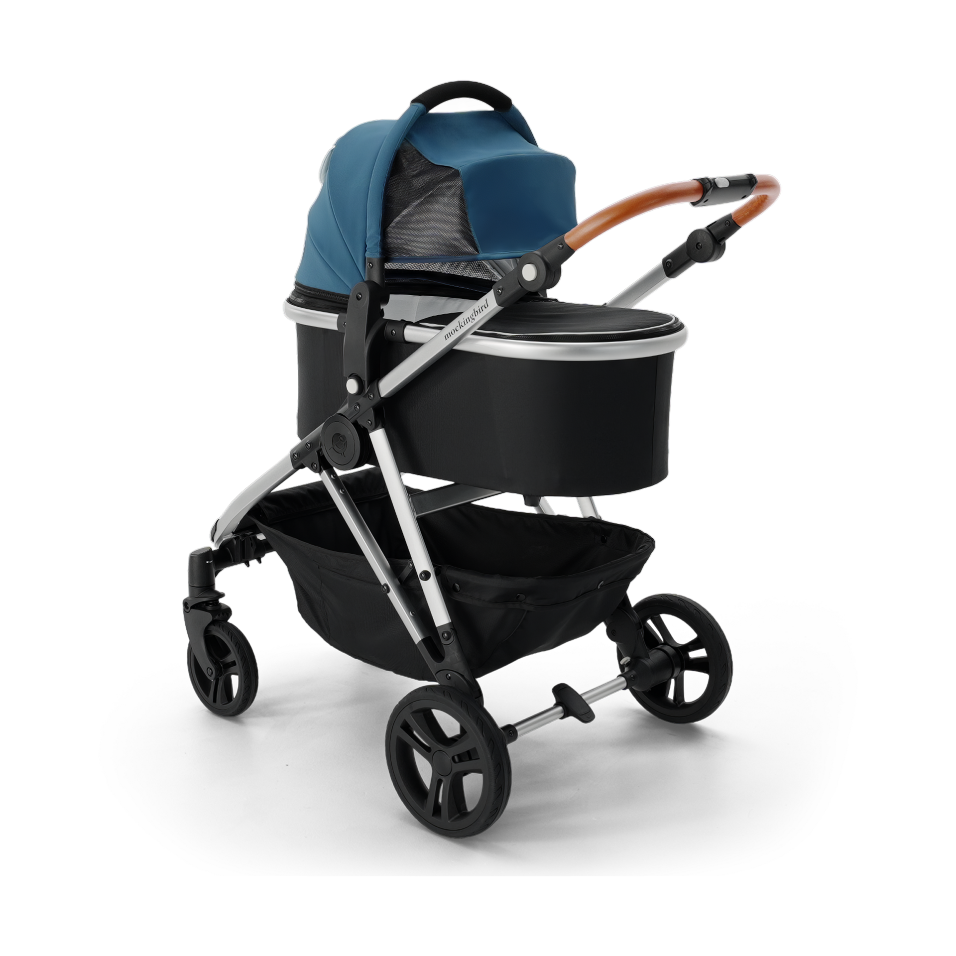 Mockingbird Single-to-Double Stroller 2.0 and Bassinet Bundle - Sea/Windowpane Canopy With Penny Leather.