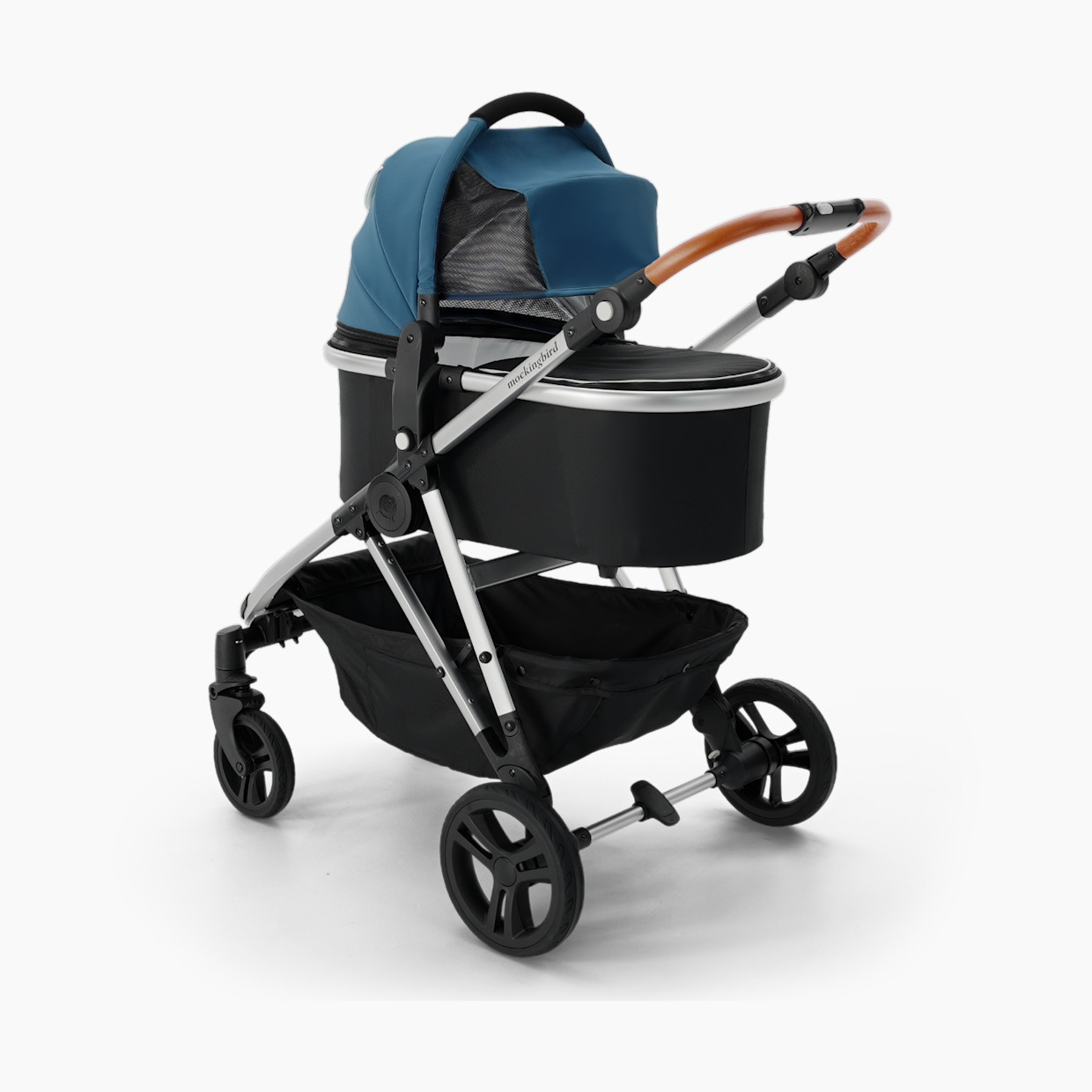 Mockingbird Single-to-Double Stroller 2.0 and Bassinet Bundle - Sea/Watercolor Canopy With Penny Leather.