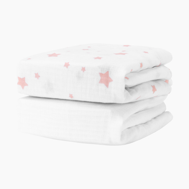 Newton Baby 2-Pack Organic Cotton Breathable Mini Crib Sheets - Stardust In Blush Coral + Solid White.