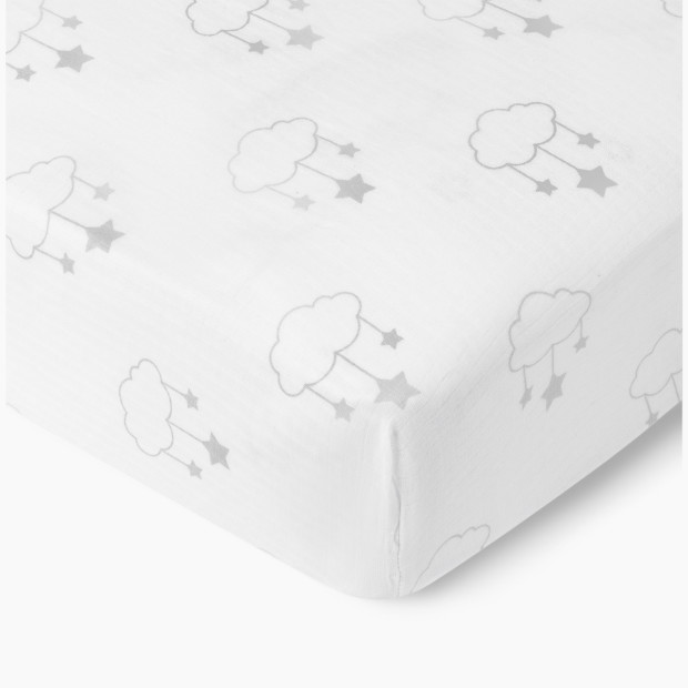 Newton Baby 2-Pack Organic Cotton Breathable Mini Crib Sheets - Wishing On A Star Print In Grey + Solid White.