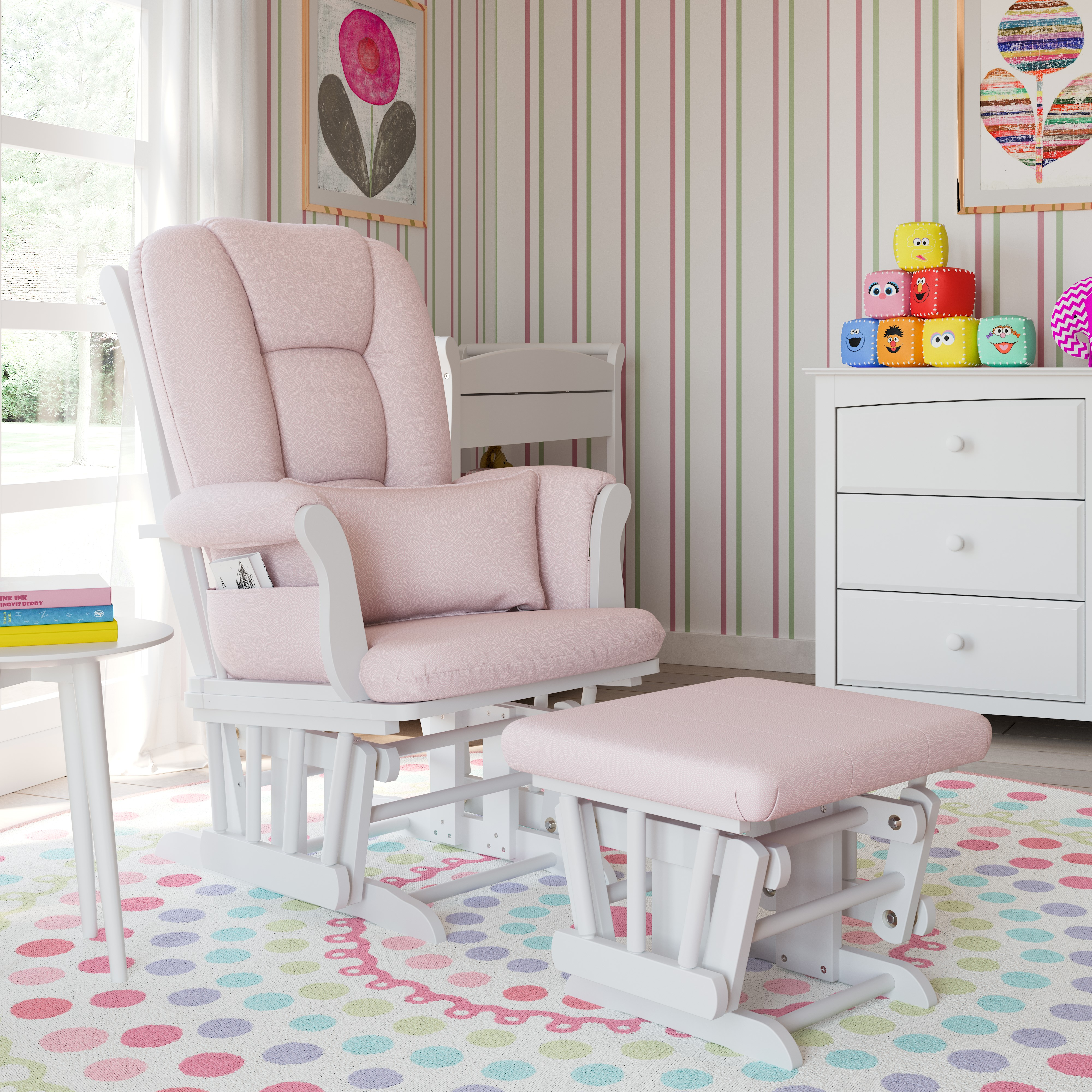 Storkcraft Tuscany Glider and Ottoman - White/Pink Swirl.