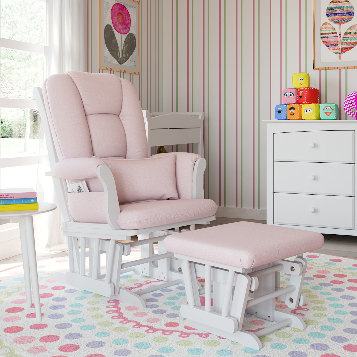 Storkcraft Tuscany Glider and Ottoman - White/Pink Swirl.