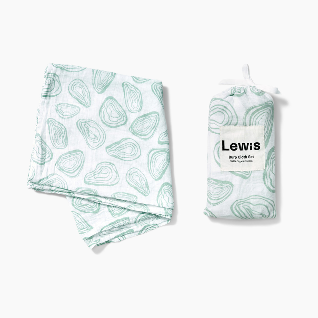 Lewis 100% Organic Muslin Swaddle + Burp Cloth Set - Green Oyster.
