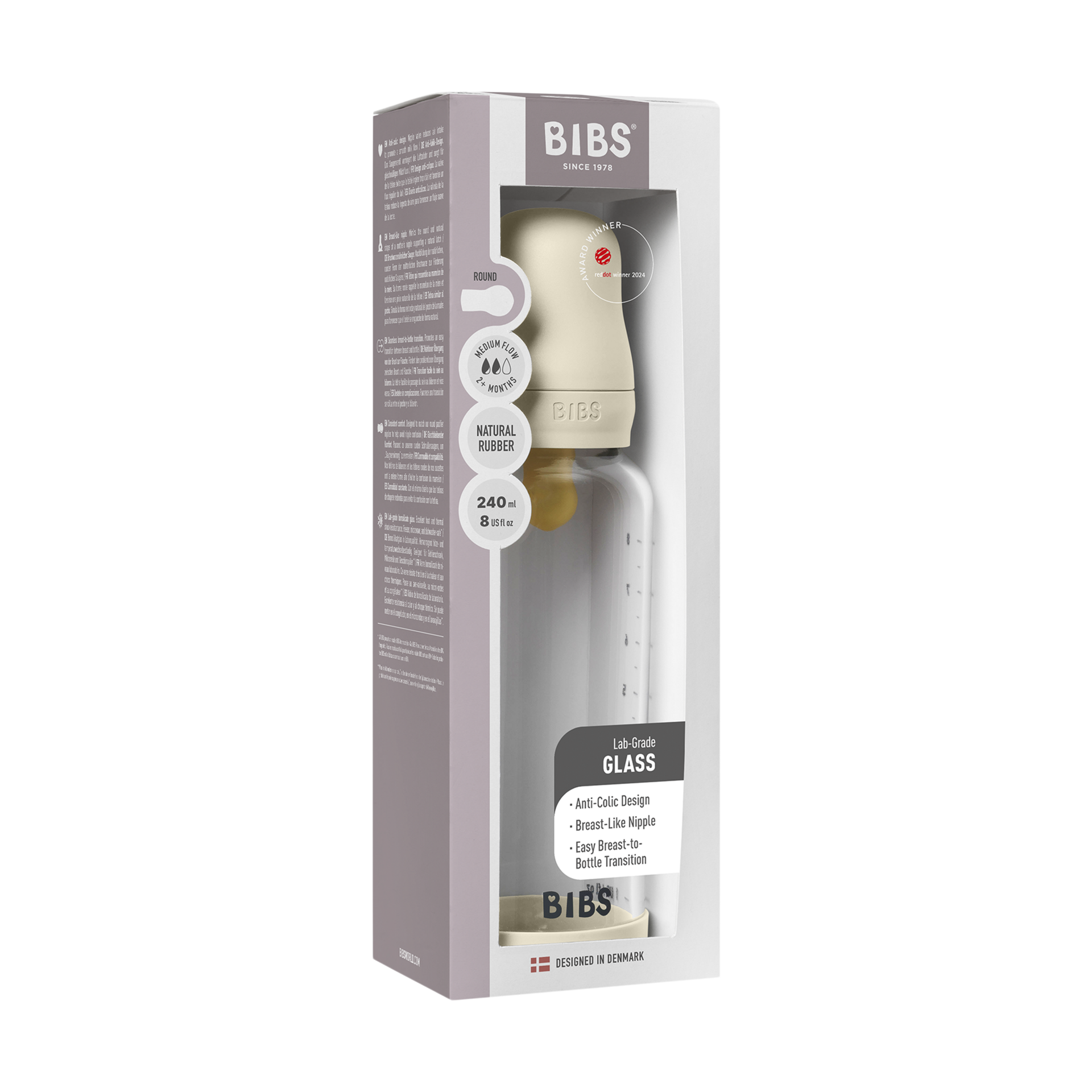 BIBS Baby Glass Bottle with Natural Rubber Nipple - Ivory, 8oz.