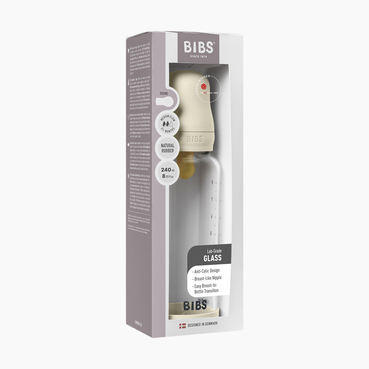 BIBS Baby Glass Bottle with Natural Rubber Nipple - Ivory, 8oz.