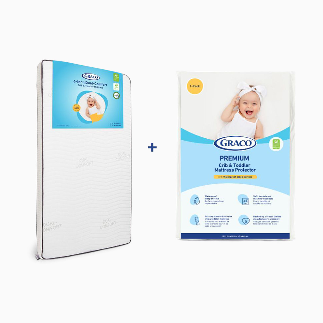 Graco Dual Comfort 6-Inch Crib & Toddler Mattress + Premium Waterproof Mattress Protector - 1.