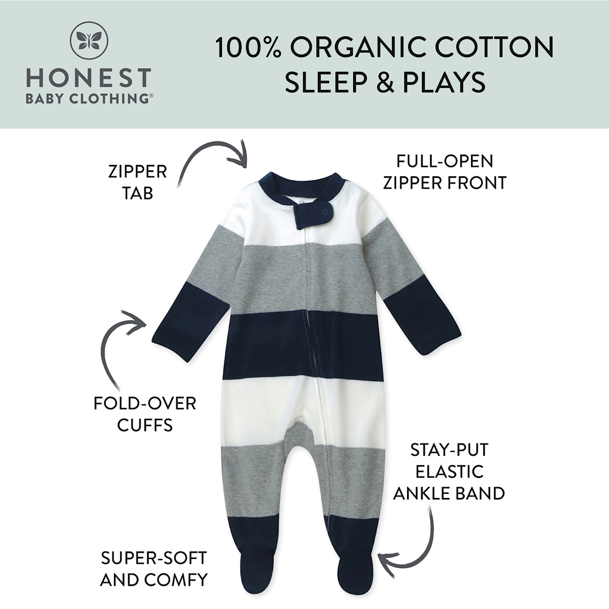 Honest Baby Clothing Organic Cotton Sleep & Play - Jumbo Stripe Navy, Newborn.
