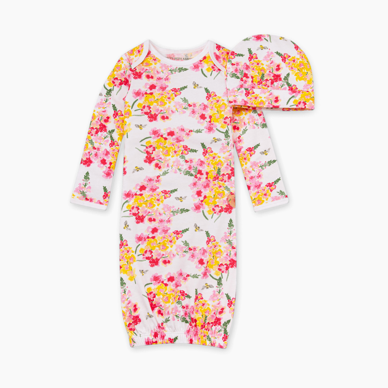 Burt's Bees Baby Newborn Gown & Cap Set, 100% Organic Cotton - Peony Paradise, One Size.
